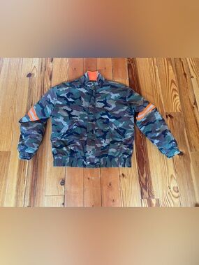 Guess Camouflage Bomber Jacket with Orange Accents